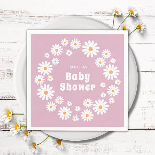 Daisy Flower Wreath Pink Groovy Retro Baby Shower Napkin