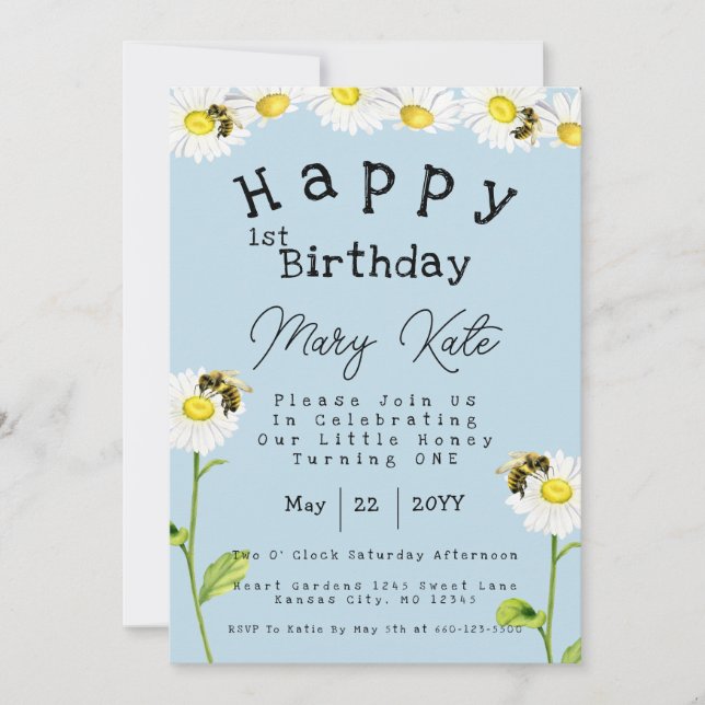 Daisy Flowers 1st Birthday Honey Bee Invitation (Front)