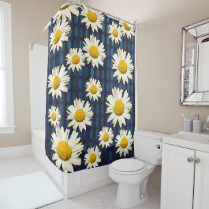Daisy Flowers and Oval Geometric Blue Yellow Shower Curtain