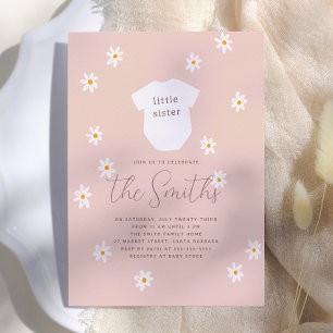 Daisy Flowers Boho Pink Little Sister Baby Shower Invitation