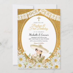 Daisy Flowers Charra Girl Baptism & First Birthday Invitation