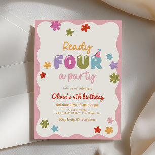 Daisy Flowers Colourful 4th Birthday Party Invitation