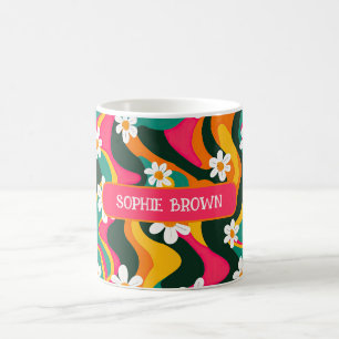 Daisy Flowers Colourful Retro Pattern with Name Coffee Mug