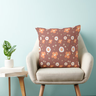 Daisy Flowers Coral White Brown Cushion