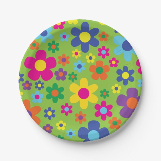 Daisy Flowers Cute Colourful 1st Birthday Party Paper Plate (Front)