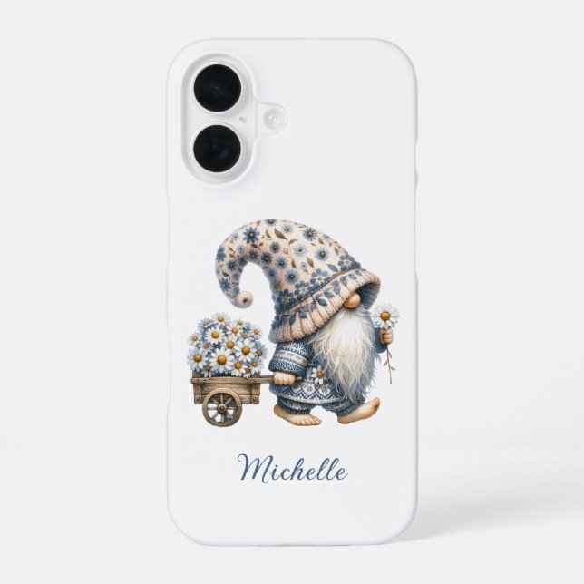 Daisy Flowers Gnome Personalised Monogram iPhone 16 Case (Back)