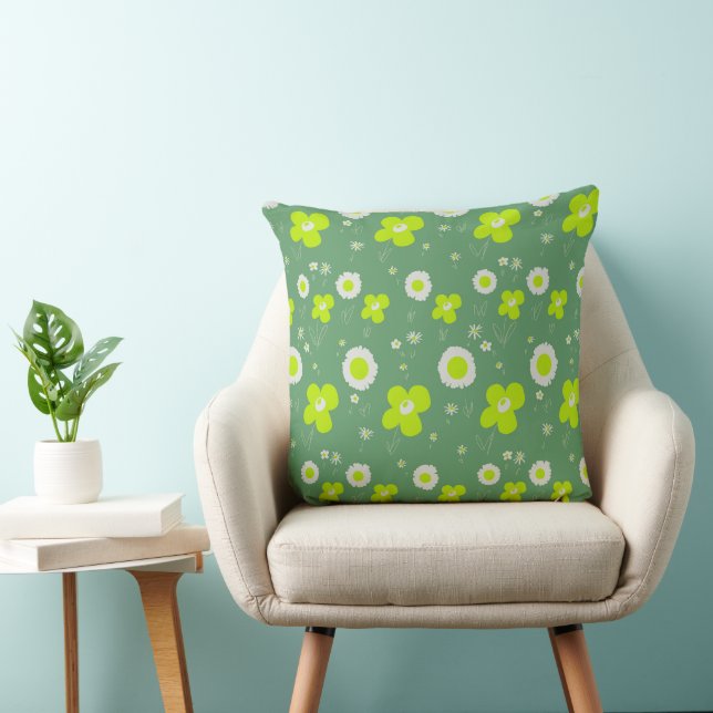 Daisy Flowers Green Grey Cushion (Chair)