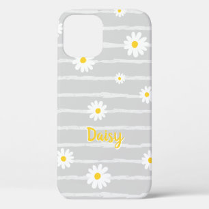 Daisy Flowers Pattern Grey Striped Personalised iPhone 12 Case