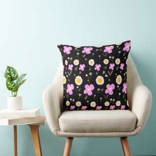 Daisy Flowers Pink Yellow Black  Cushion