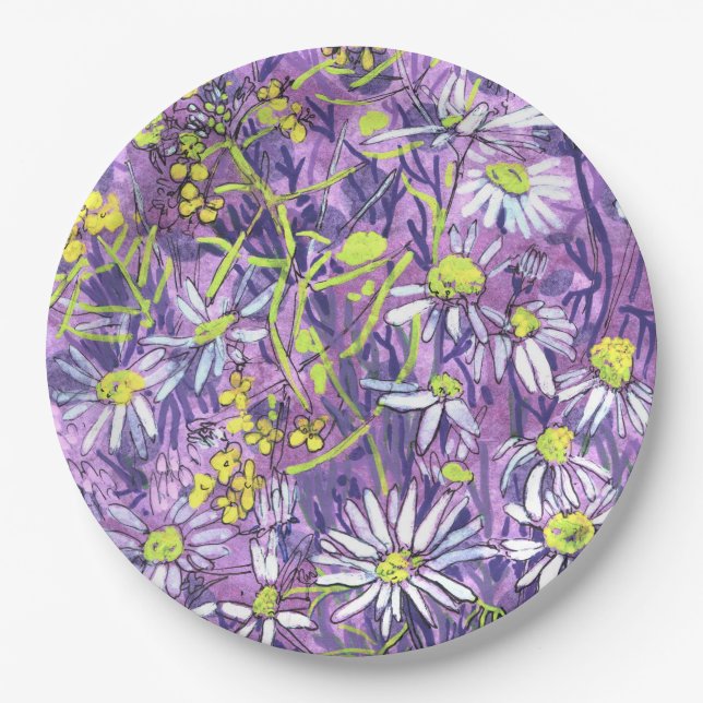 Daisy Flowers Polka Dot Summer Flowers Floral Art Paper Plate (Front)