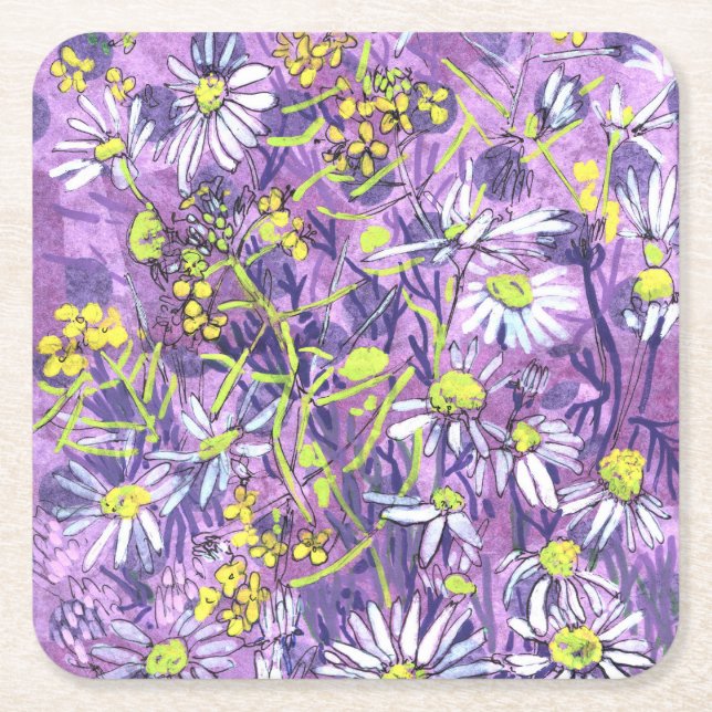 Daisy Flowers Polka Dot Summer Flowers Floral Art Square Paper Coaster (Front)