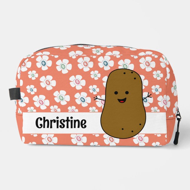 Daisy Flowers Salmon Pink Brown Potato Custom Dopp Kit (Front)