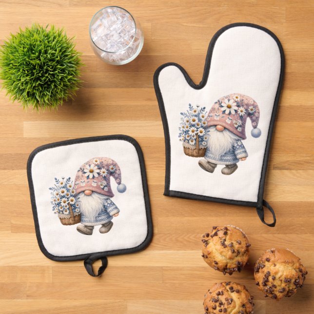 Daisy Flowers Springtime Gnome Gift Her Oven Mitt & Pot Holder Set (Top Down)