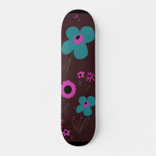 Daisy Flowers Teal Magenta Black aubergine  Skateboard