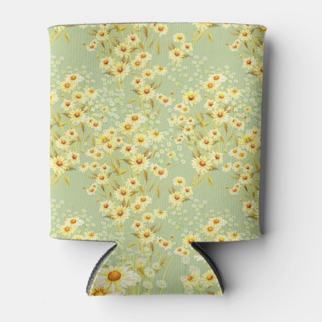 Daisy Flowers: Watercolor Dark Seamless. Can Cooler (Front)