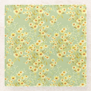 Daisy Flowers: Watercolor Dark Seamless. Glass Coaster