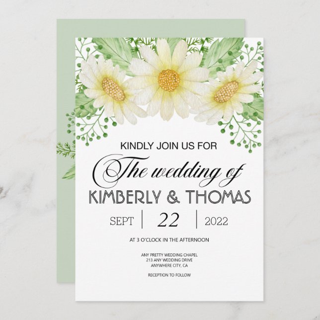 Daisy Flowers Watercolor Wedding Invitation (Front/Back)