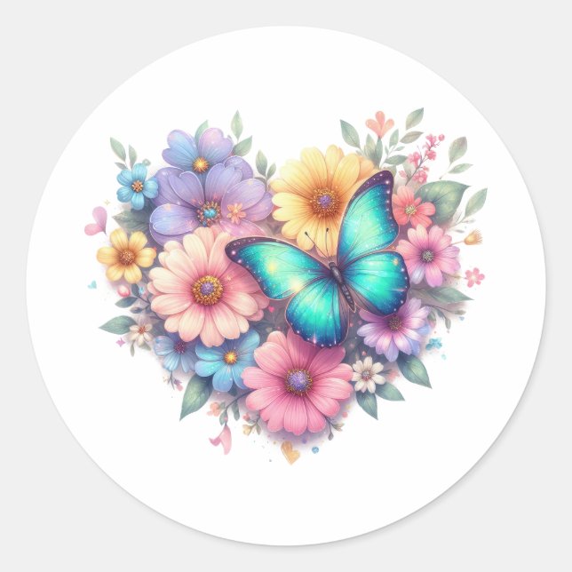 Daisy Flowers with a Beautiful Butterfly Classic Round Sticker (Front)