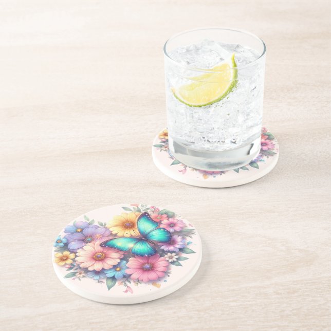 Daisy Flowers with a Beautiful Butterfly Coaster (Side)