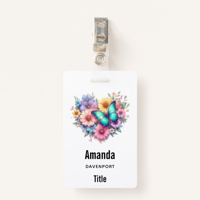 Daisy Flowers with a Beautiful Butterfly ID Badge (Front with Clip)
