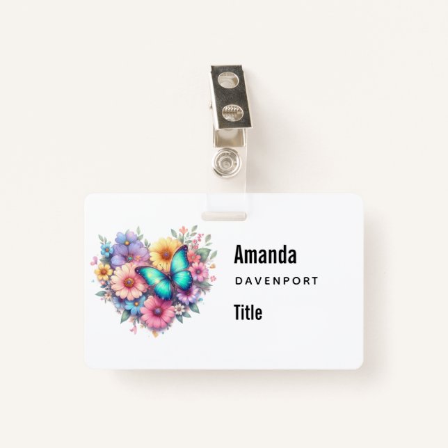 Daisy Flowers with a Beautiful Butterfly ID Badge (Front with Clip)