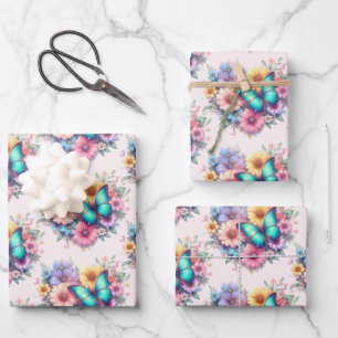 Daisy Flowers with a Beautiful Butterfly Pattern Wrapping Paper Sheet