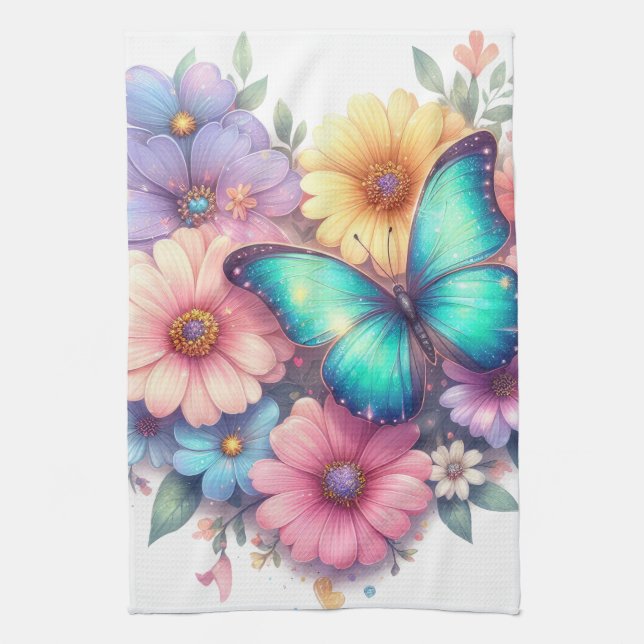 Daisy Flowers with a Beautiful Butterfly Tea Towel (Vertical)