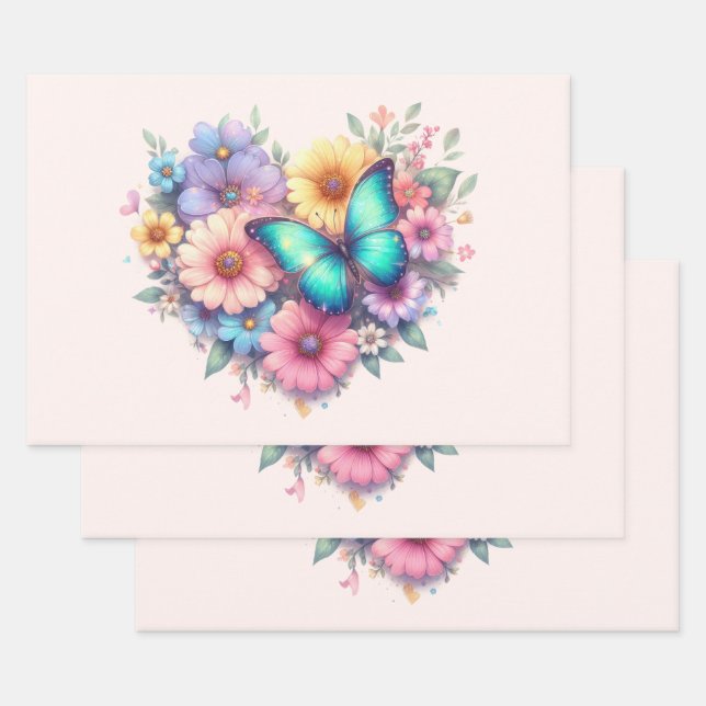 Daisy Flowers with a Beautiful Butterfly Wrapping Paper Sheet (Set)