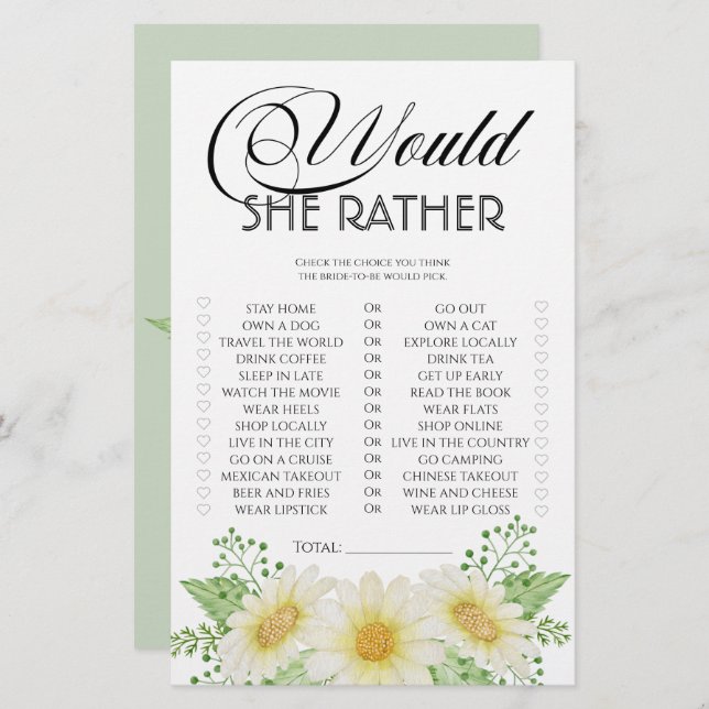 Daisy flowers would she rather bridal shower game (Front/Back)