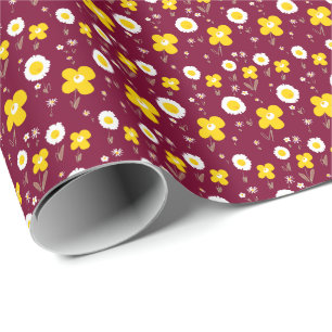 Daisy Flowers Yellow White Maroon Wrapping Paper