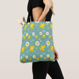 Daisy Flowers Yellow White On Teal Green Tote Bag