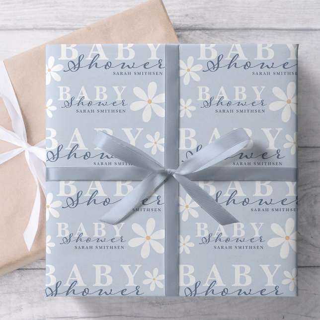 Daisy Garden Baby Shower Dusty Blue Wrapping Paper (Creator Uploaded)