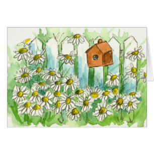 Daisy Garden Birdhouse Watercolor Flowers Blank