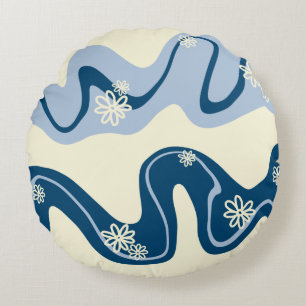 Daisy Groove - Dark Blue, Light Blue and Cream Round Cushion