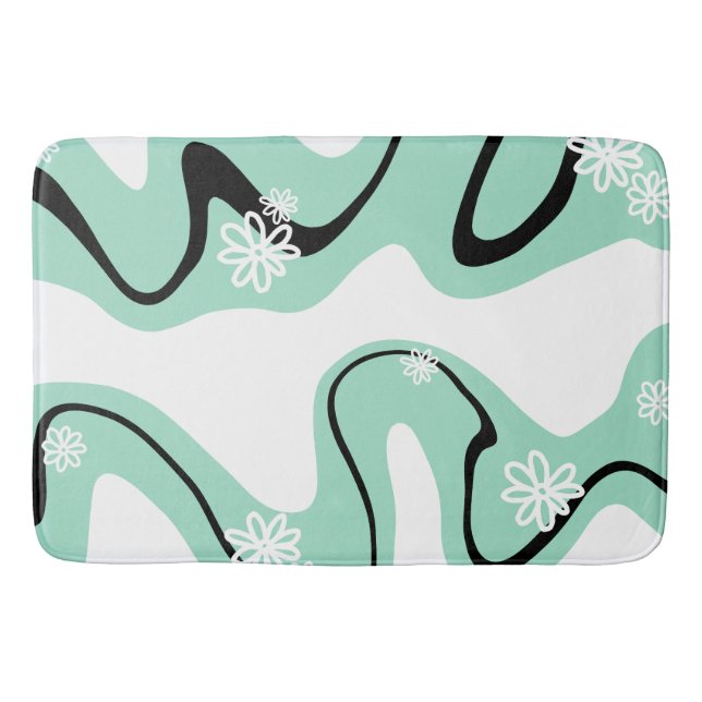 Daisy Groove in Mint Green, Black and White Bath Mat (Front)