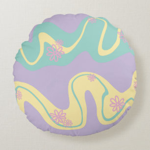 Daisy Groove Pastel Pink, Yellow, Purple & Green Round Cushion