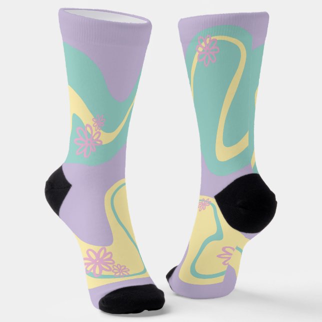 Daisy Groove Pastel Pink, Yellow, Purple & Green Socks (Angled)