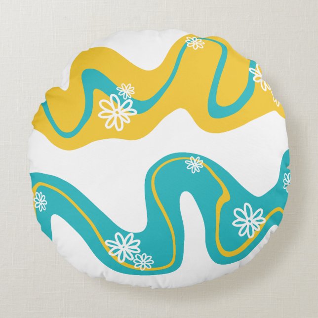 Daisy Groove - Turquoise and Yellow Round Cushion (Front)