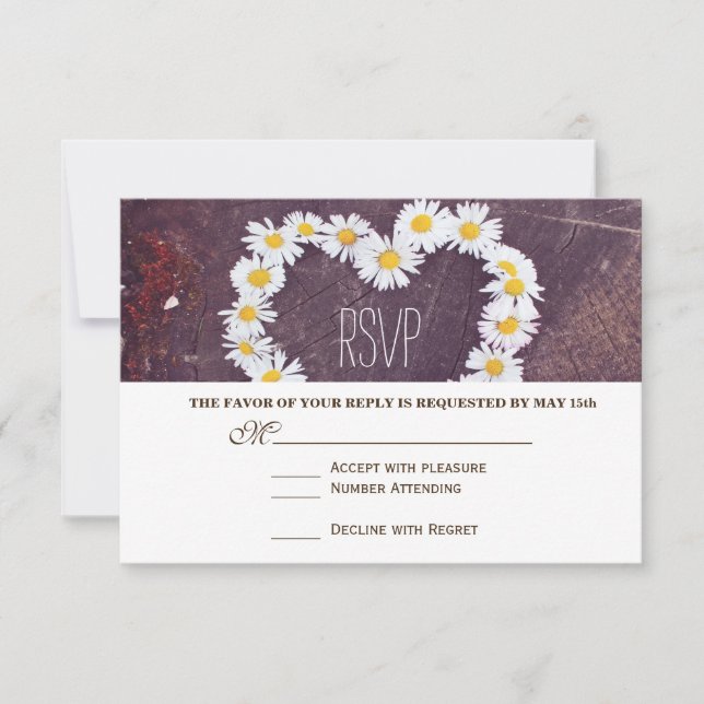 Daisy Heart Rustic Wood Country Wedding RSVP Cards (Front)
