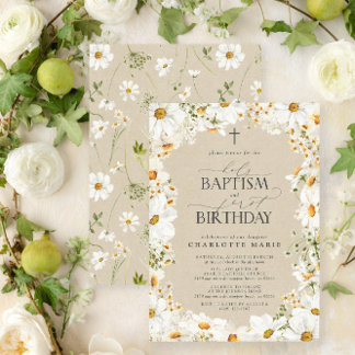 Daisy Holy Baptism & 1st Birthday Floral Girl Invitation
