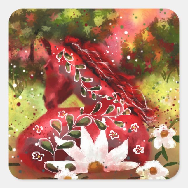 Daisy Horse Abstract Art Red White Green Floral Square Sticker (Front)