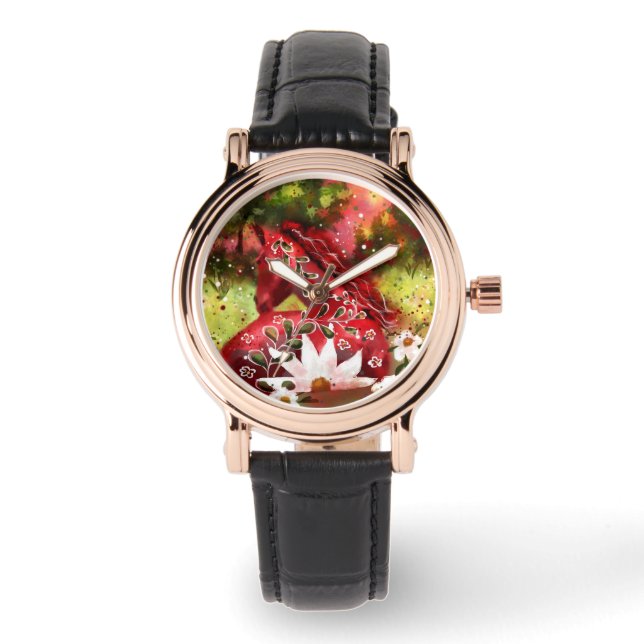 Daisy Horse Abstract Art Red White Green Floral Watch (Front)