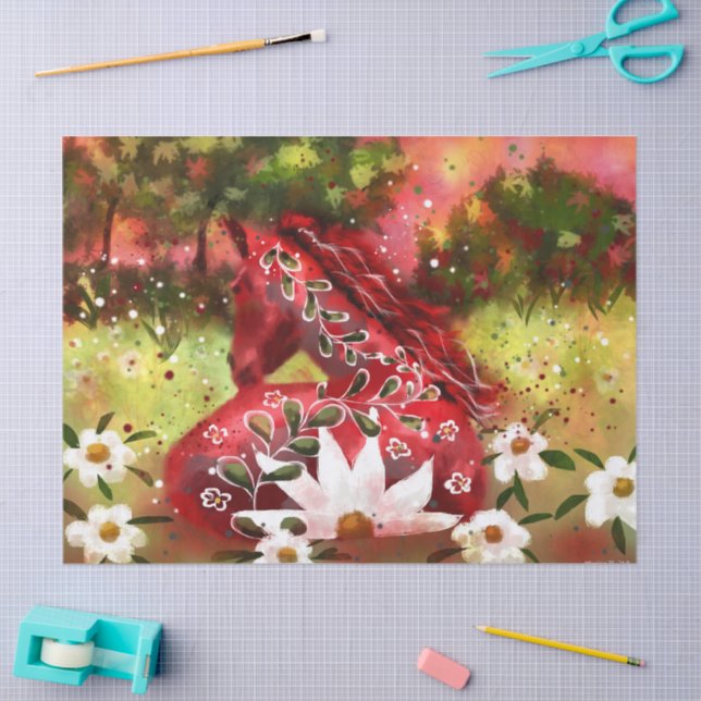 Daisy Horse Red White Green Floral Decoupage Tissue Paper (Craft)