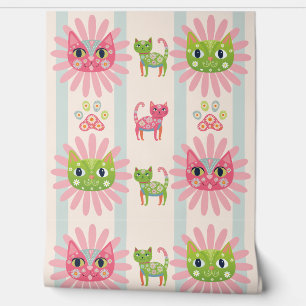 daisy kitty cat faces blue striped wallpaper