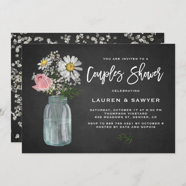 Daisy Mason Jar Chalkboard Rustic Couples Shower Invitation (Front/Back)