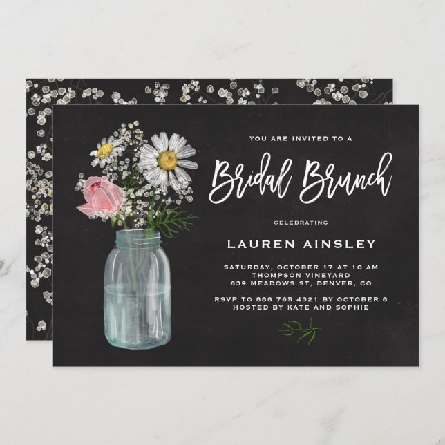 Daisy Mason Jar Rustic Chalkboard Bridal Brunch Invitation (Front/Back)