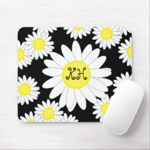 Daisy Monogram Black White and Yellow Mouse Pad