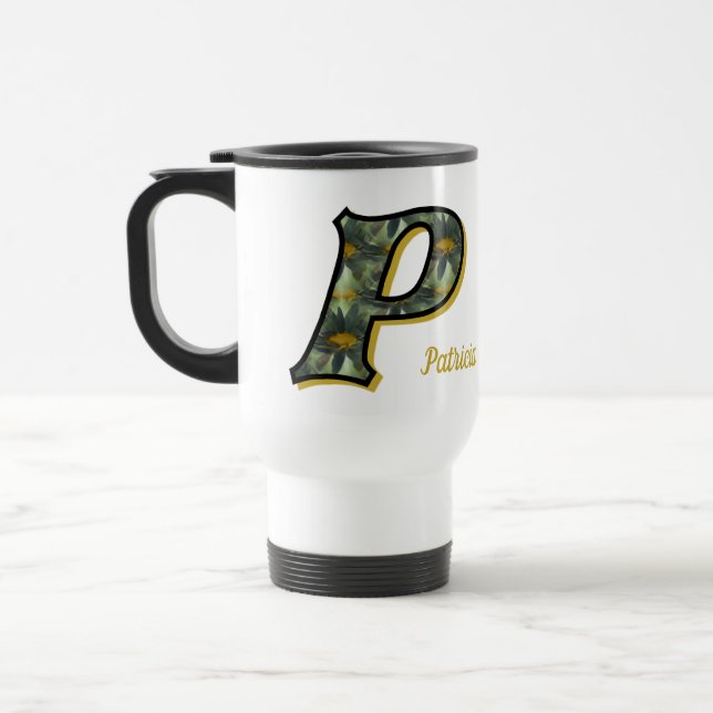 Daisy Monogram Initial P Personalised Travel Mug (Left)
