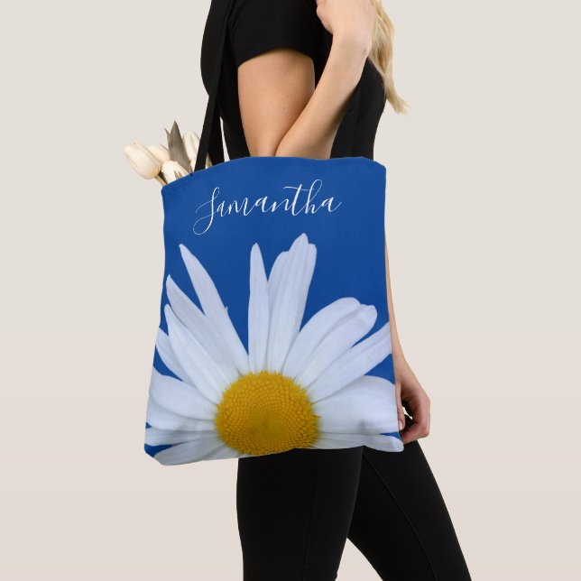 Daisy Ocean Blue White Script Tote Bag (Close Up)