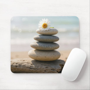 Daisy on a Stone Beach Cairn and Driftwood Mouse Pad